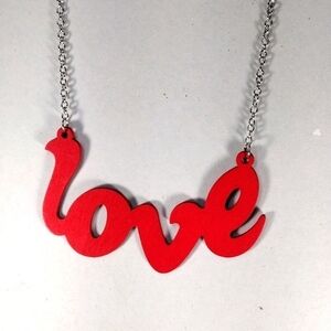 Women's Stunning Polished Silver tone Red " LOVE " Design Long Necklace - 34-in